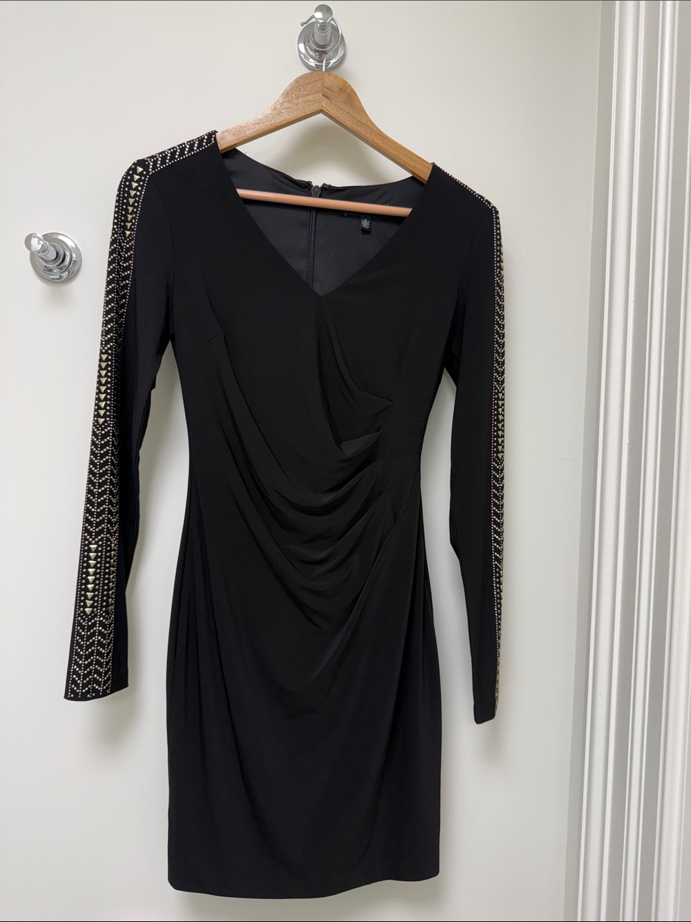 Guess Black Long-Sleeve V-Neck Dress with Gold Studded Sleeves